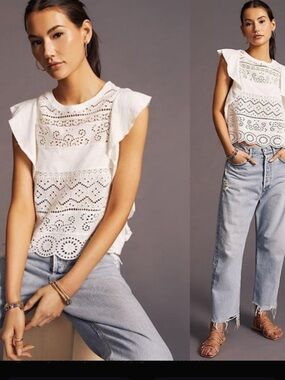 XL Anthropologie White Eyelet Lace Shell